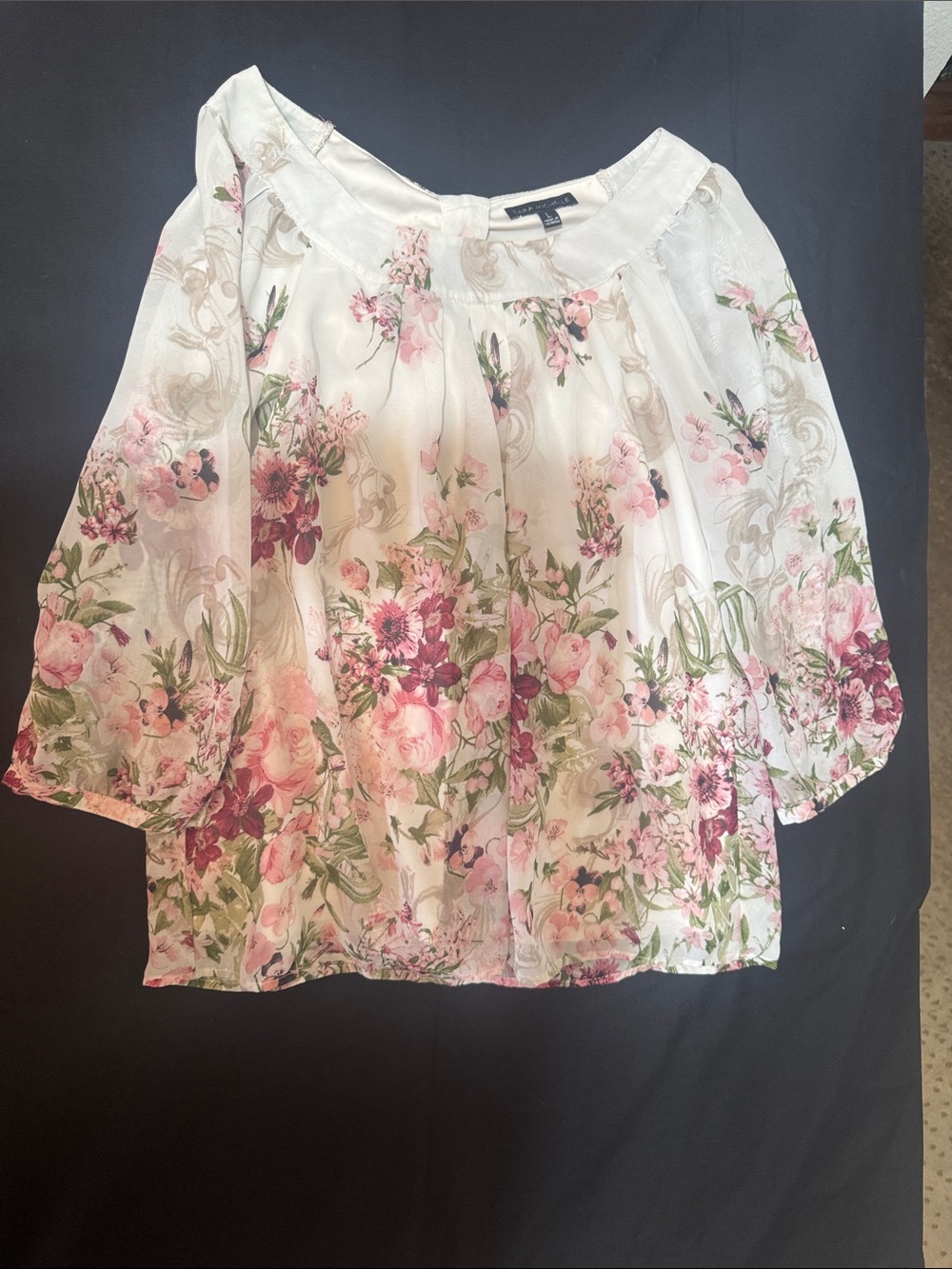 Sara Michelle Floral Blouse Size L Romantic Cottagecore Sheer Sleeve Top 0022